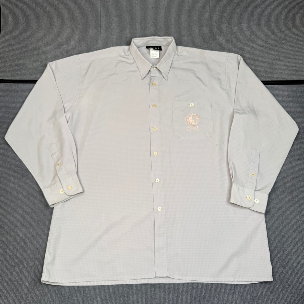 90s Versace Jeans Couture XL Grey Embroidered Medusa Logo Button‎ Up Shirt Italy